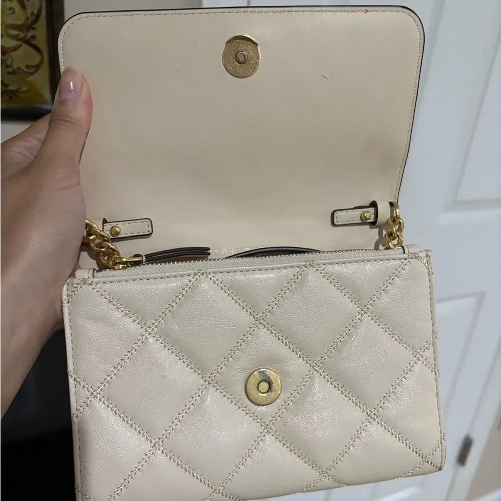Tory Burch Cream Gold Quilted Crossbody Bag